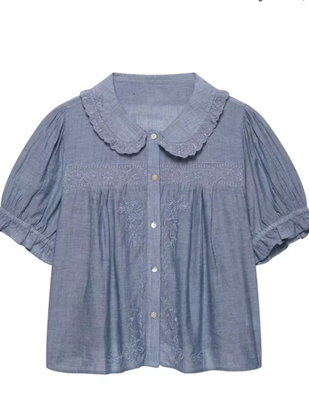 Zara Light Blue Embroidered Peter Pan Collar Blouse